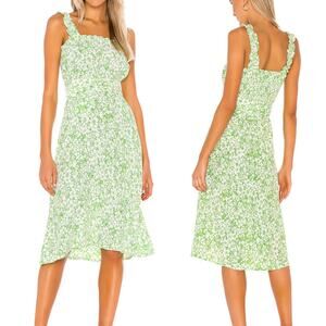 Faithful the Brand NWT Mae Green White Floral Smocked Belted Spring Midi Dress